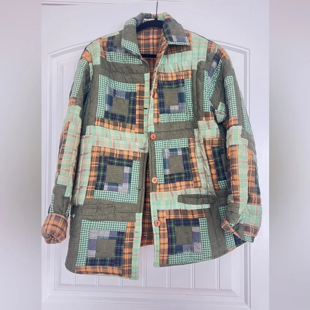 Patch magic unisex reversible button up Tan Plaid Jacket - Picture 2 of 14
